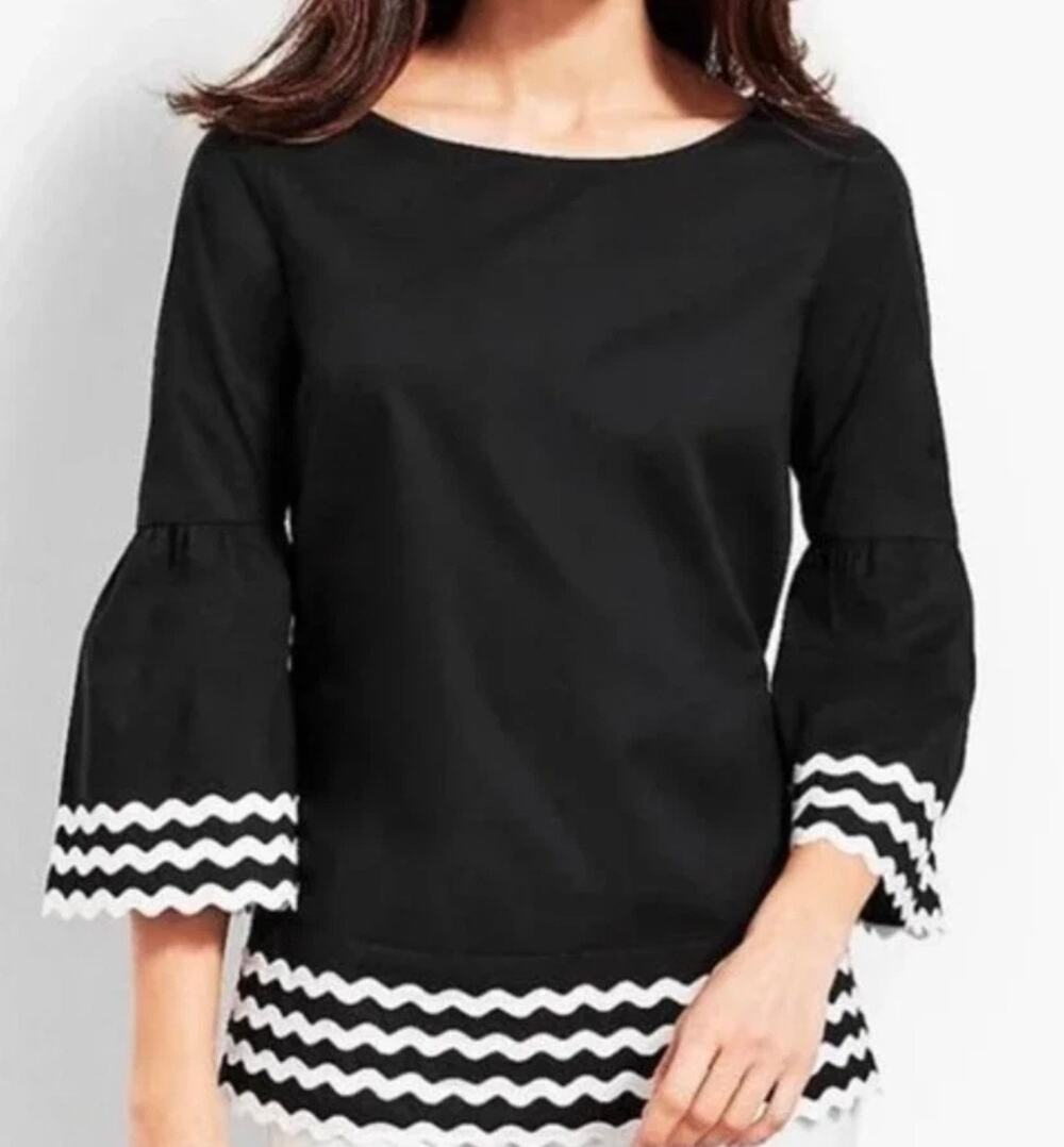 Preppy Classy Chic Talbots Black White Rick Rack Trim Blouse Top Bell Sz Large